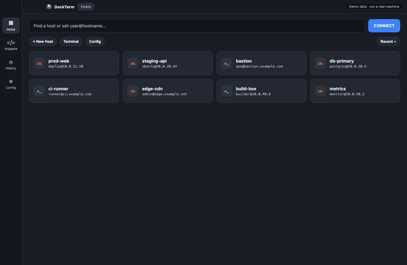 DockTerm hosts view with sample demo SSH aliases