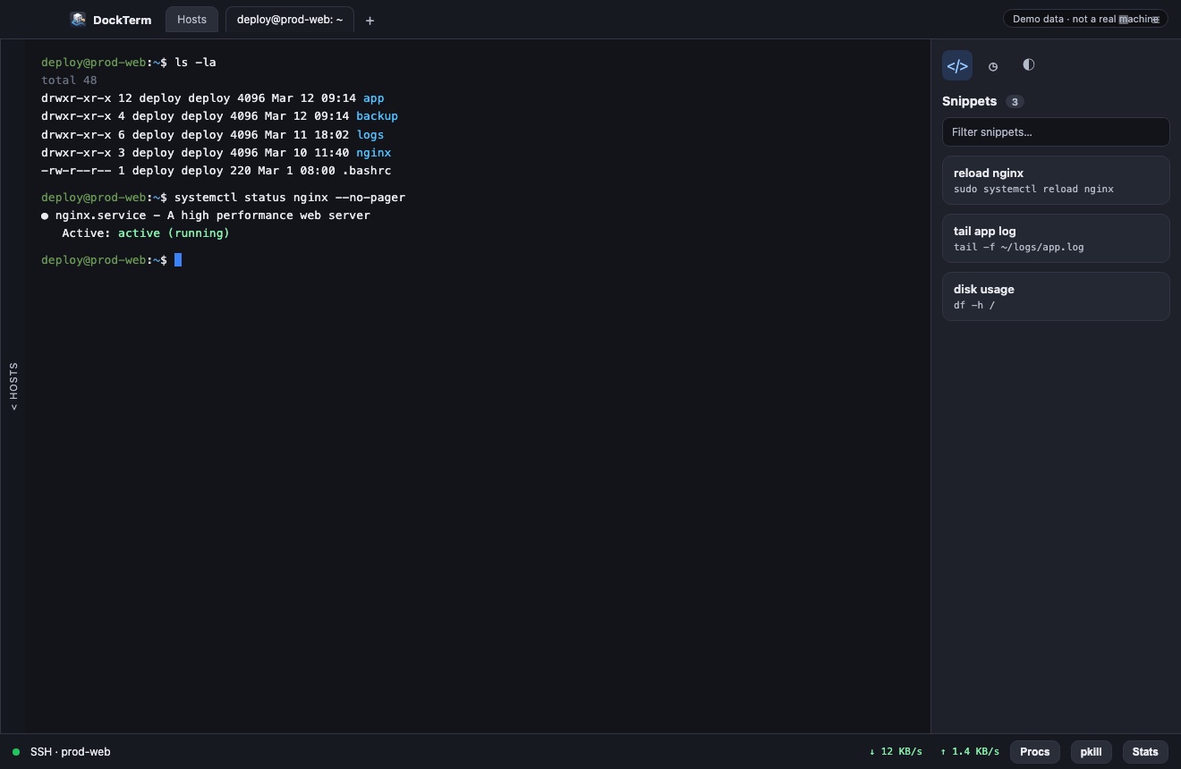 Demo DockTerm SSH session with snippets and ops footer